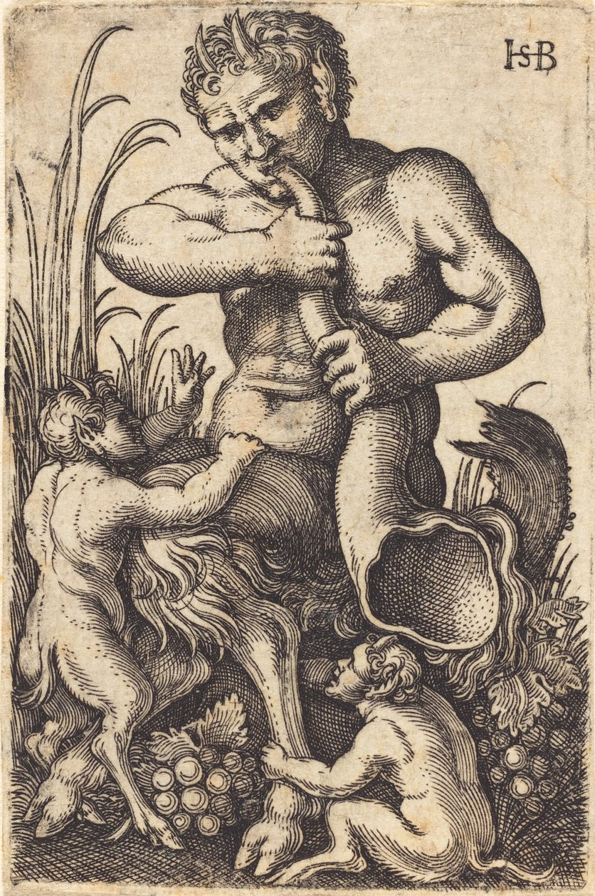 Satyr puhaltaa torvea tekijältä Sebald Beham