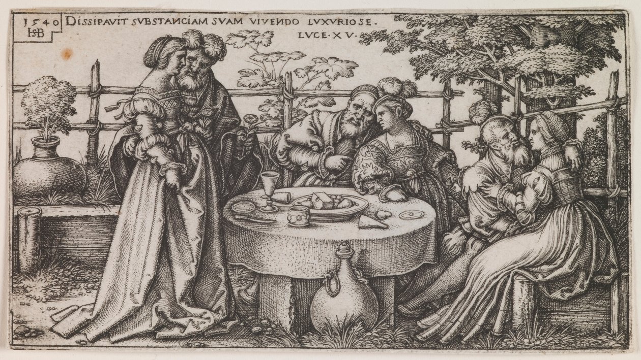 Tuhlaajapoika tuhlaamassa omaisuuttaan sarjasta "The History of the Prodigal Son" tekijältä Sebald Beham