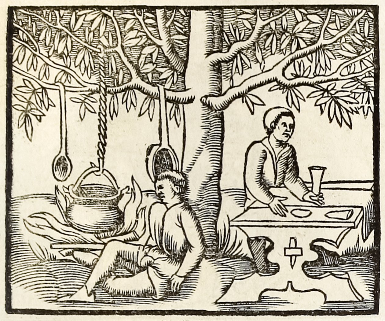 Keittokattila ja odotusravintola Sebastian Munsterin Cosmographia-julkaisun 1550 painoksesta tekijältä Sebastian Munster