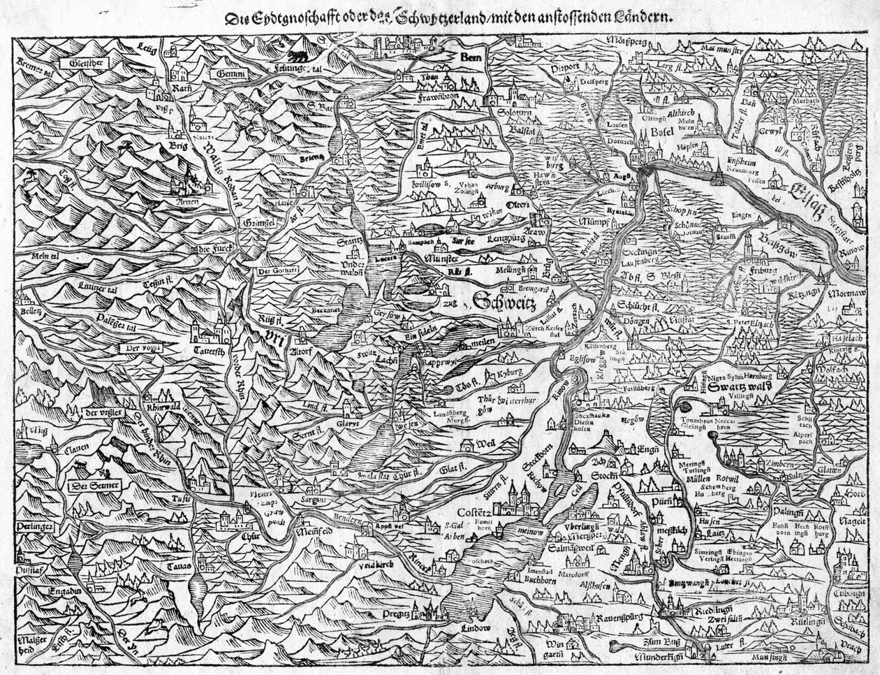Sebastian Münsterin vanha Sveitsin kartta, 1550. tekijältä Sebastian Munster