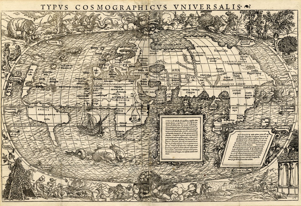 Typus Cosmographicus Universalis (maailmankartta), noin 1532 (puupiirros). tekijältä Sebastian & Holbein Hans the Younger Münster