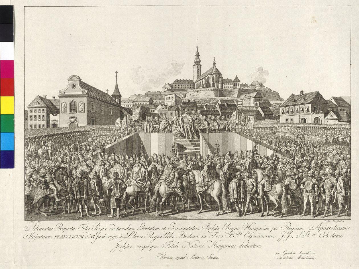 Keisari Franz II:n kruunajaiset Unkarin kuninkaalle Budapestissä 6. kesäkuuta 1792 (kuparikaiverrus). tekijältä Sebastian Mansfeld