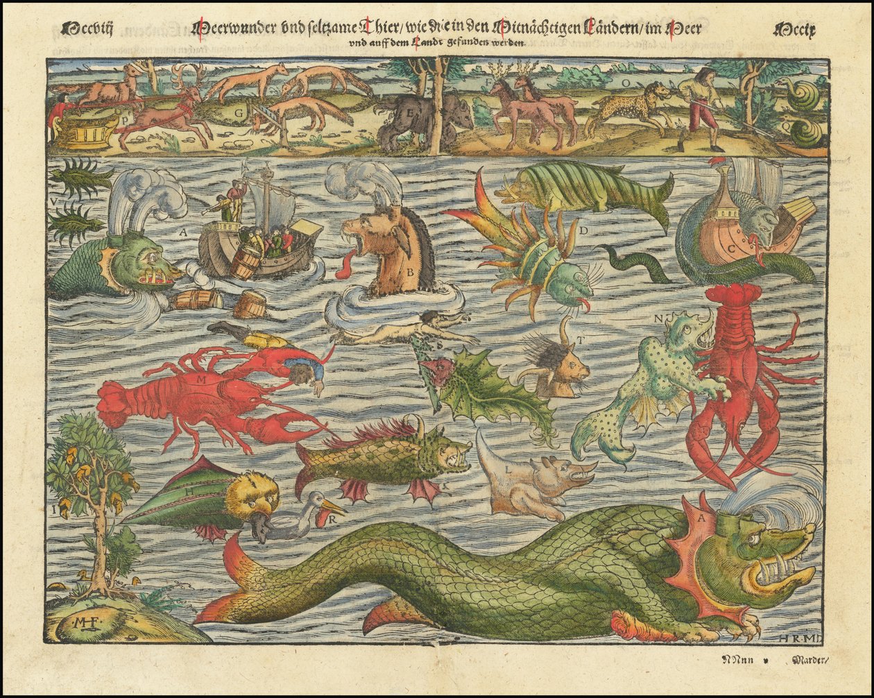 Sebastian Munsterin laatima kartta maa- ja merihirviöistä vuodelta 1570. tekijältä Sebastian Munster