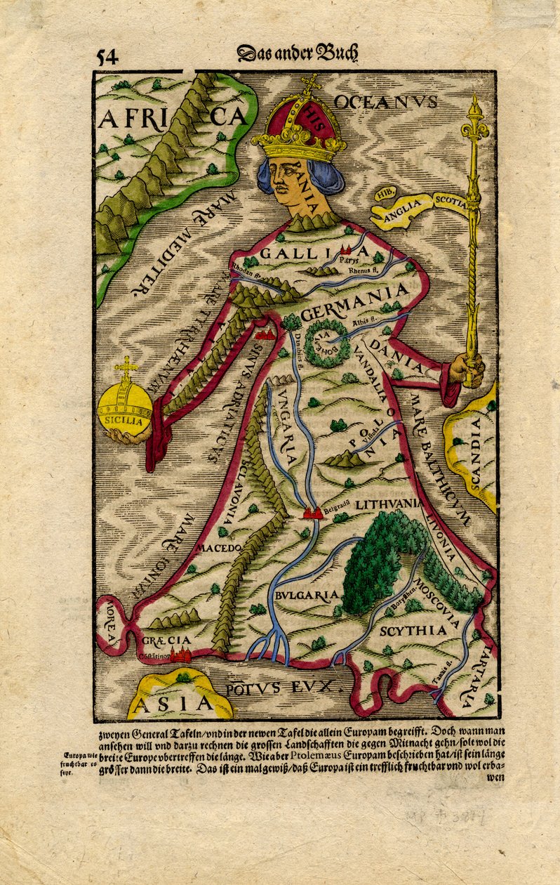 Allegorinen Euroopan kartta, n. 1540-50 (puupiirros). tekijältä Sebastian Munster