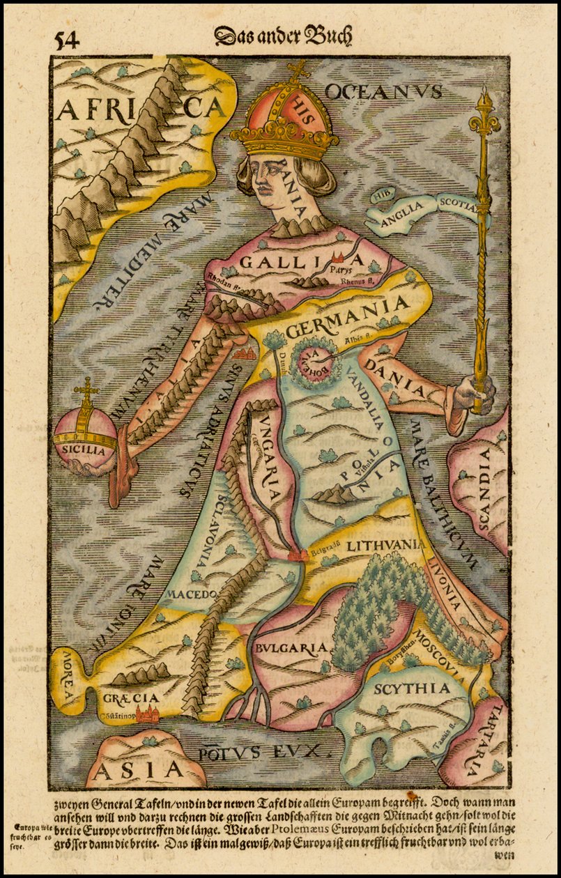 Europa regina Kuningatar Eurooppa Cosmographiasta, 1570 tekijältä Sebastian Munster