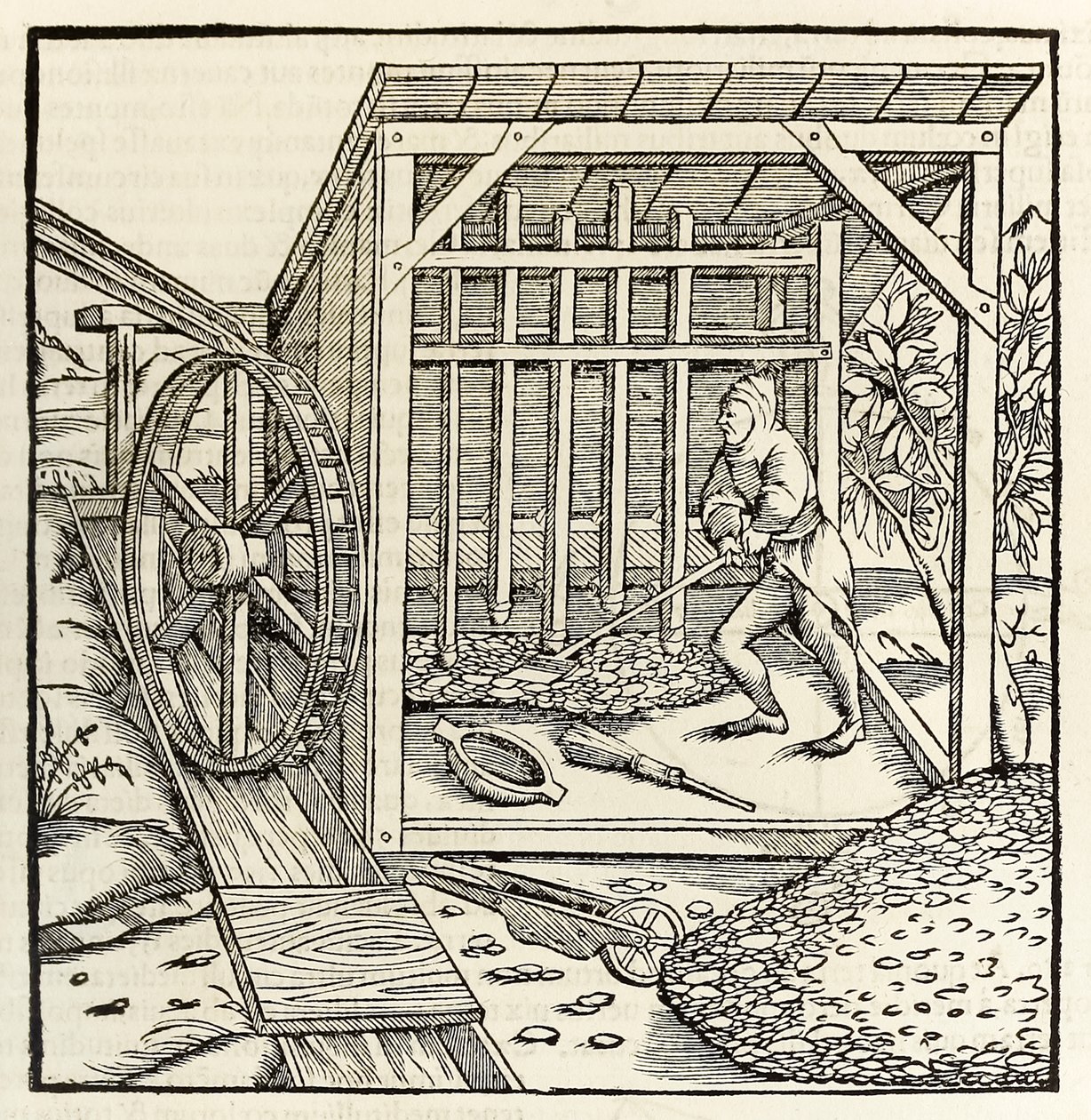 Kaivostyötä vesipyörällä, vuodelta 1550 Sebastian Munsterin Cosmographia (puupiirros) tekijältä Sebastian Munster