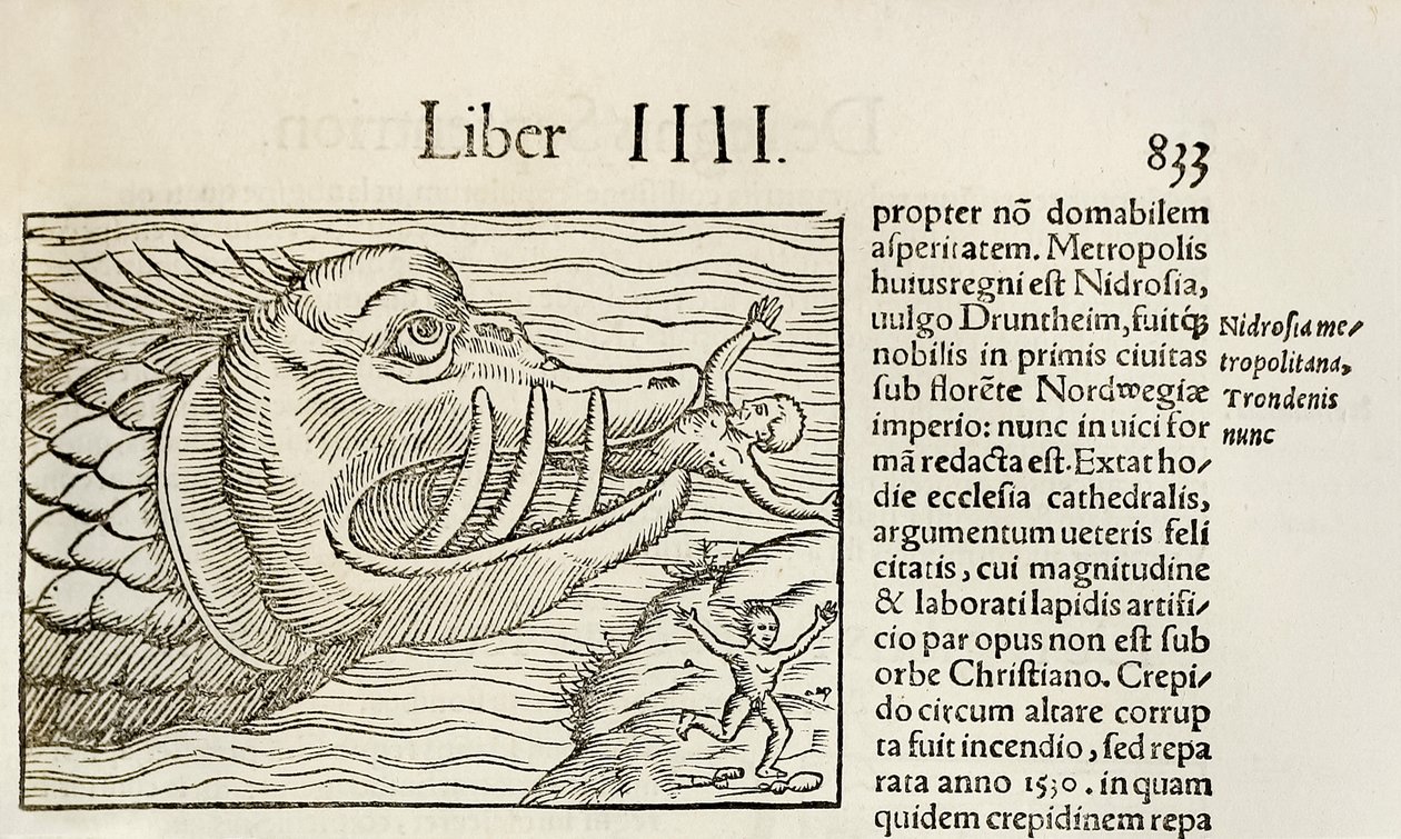Hirviömäinen valas, joka syö ihmisiä, vuodelta 1550, Sebastian Munsterin Cosmographia (puupiirros) tekijältä Sebastian Munster