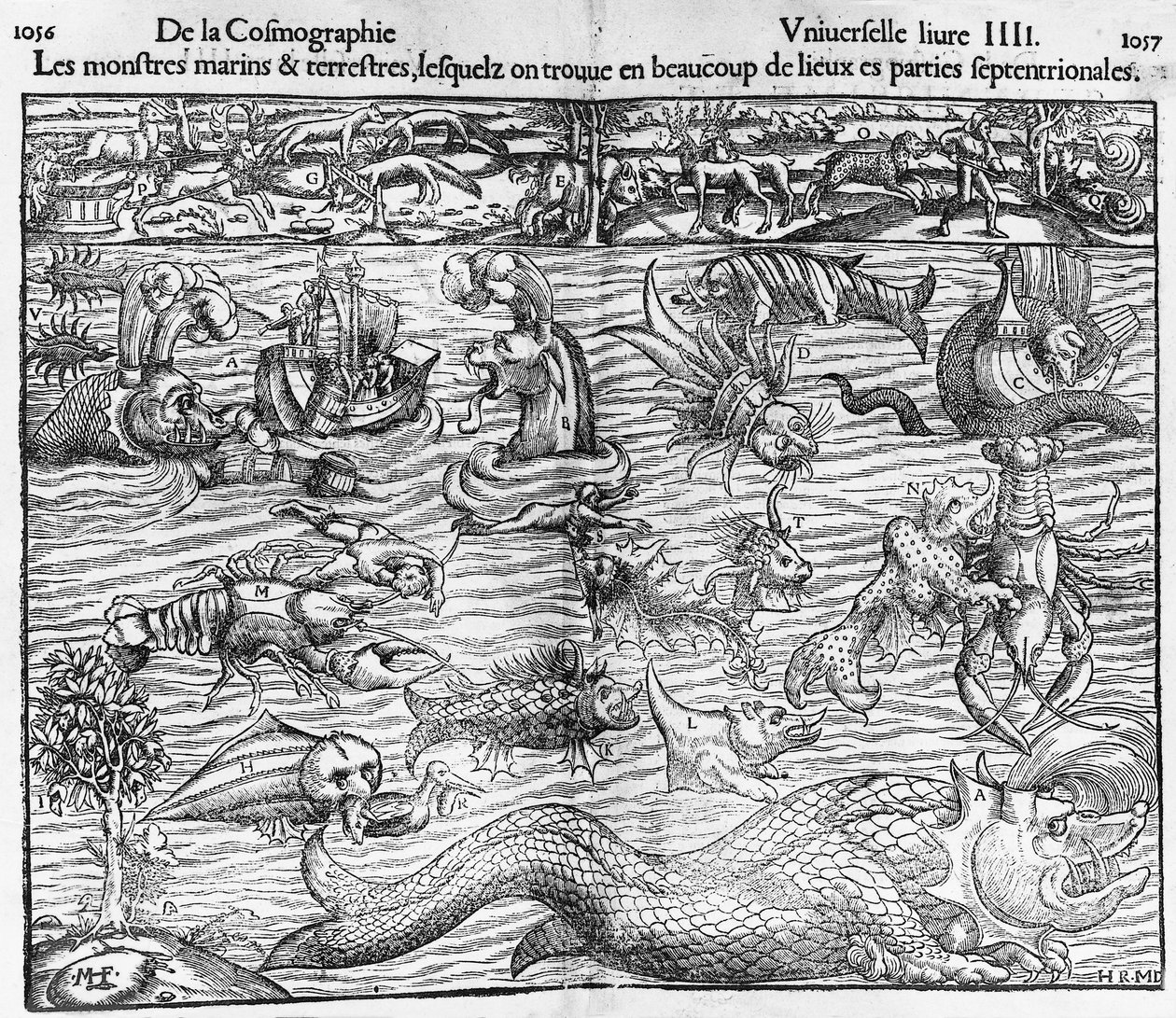 Meri- ja maanpäälliset hirviöt, kuvitus Cosmographia Universalisista, kirjoittanut Sebastian Munster (1489-1552) tekijältä Sebastian Munster