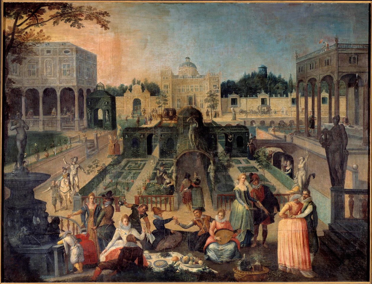 Juhlat Mantovan herttuan puistossa Picnic, musiikki, uljaat kohtaukset Gonzagan herttuan palatsin (Gonzaga) puutarhassa. Sebastien Vrancxin (1573-1647) maalaus 1600-luvun su. 1,42 x 1,88 m Rouen musee des Beaux Arts tekijältä Sebastian Vrancx