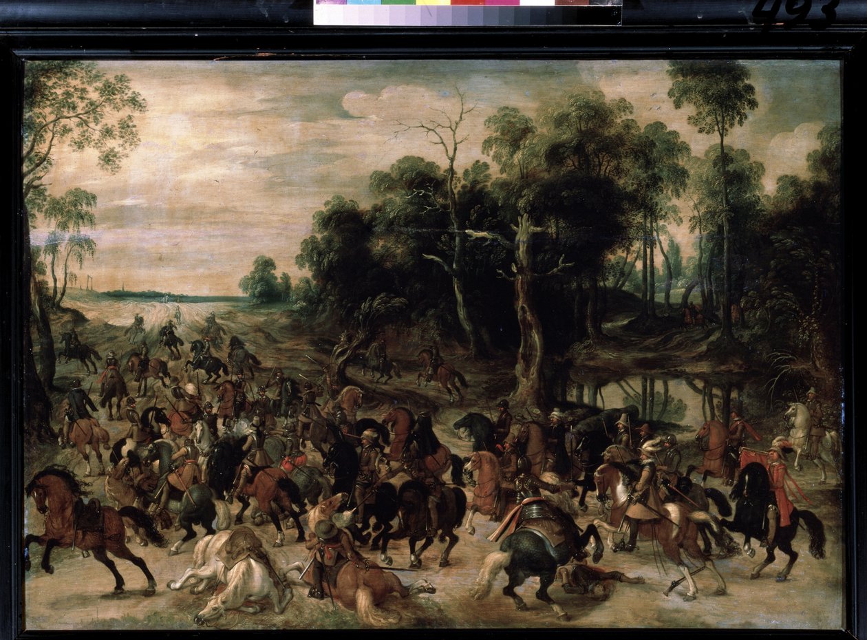 Ratsuväen hyökkäys, n. 1615 (öljy puulle) tekijältä Sebastian Vrancx