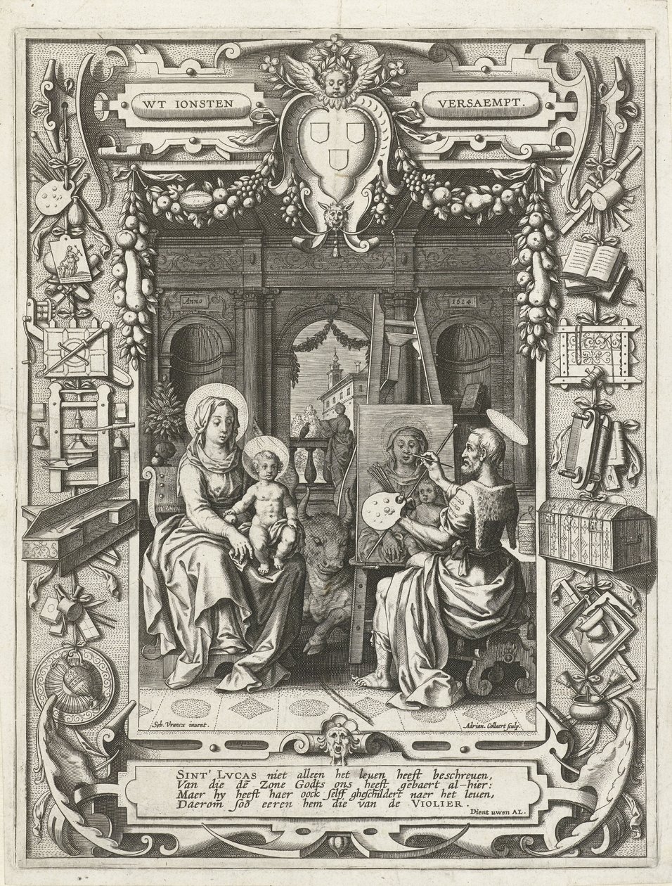 Pyhän Luukkaan killan vaakuna Pyhän Luukkaan maalauksella Madonna ja lapsi, 1620-21 tekijältä Sebastian Vrancx