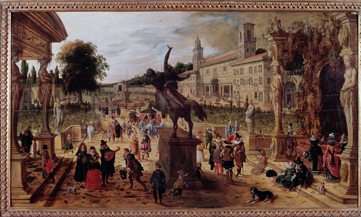 Maisema Villa medicisin kanssa Roomassa, Italiassa (Maisema Villa Mediciksen kanssa, Rooma, Italia) Tyylikkäät kävelijät ja muusikot puistossa - Sebastian Vrancxin (1573-1647) maalaus 1600-luku - Napoli Museo Nazionale di Capodimonte tekijältä Sebastian Vrancx