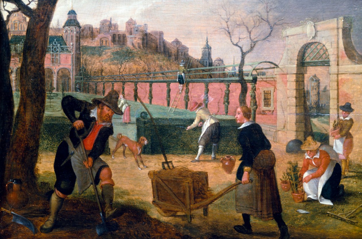 Puutarhurit työssään kaupungin laitamilla sijaitsevassa virallisessa puutarhassa. Sebastian Vrancxin (1573-1647) maalaus. Yksityiskokoelma. tekijältä Sebastian Vrancx