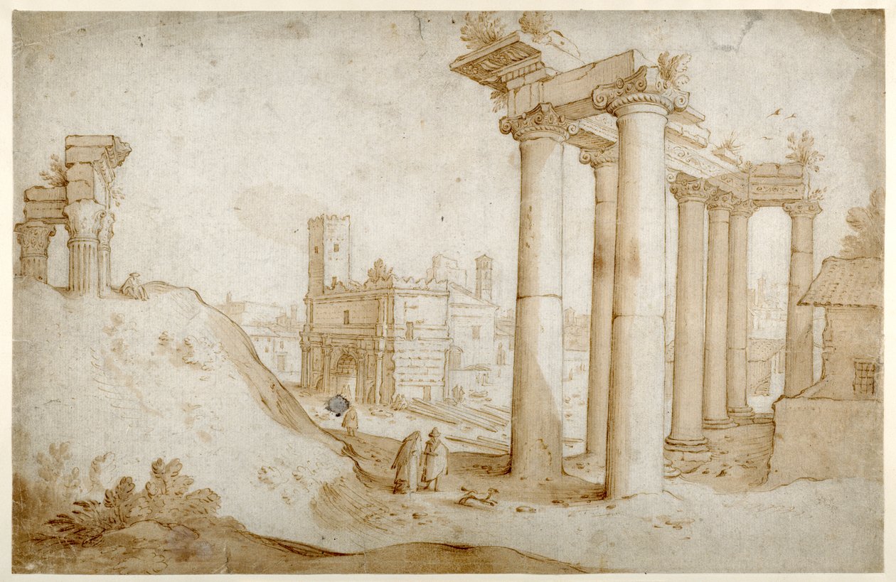 Forum Romanum, jossa on Tituksen ja Vespasianuksen temppeli, Saturnuksen temppeli ja Septimius Severuksen kaari (Kynä ja ruskea muste ruskealla pesulla, paperilla) tekijältä Sebastian Vrancx