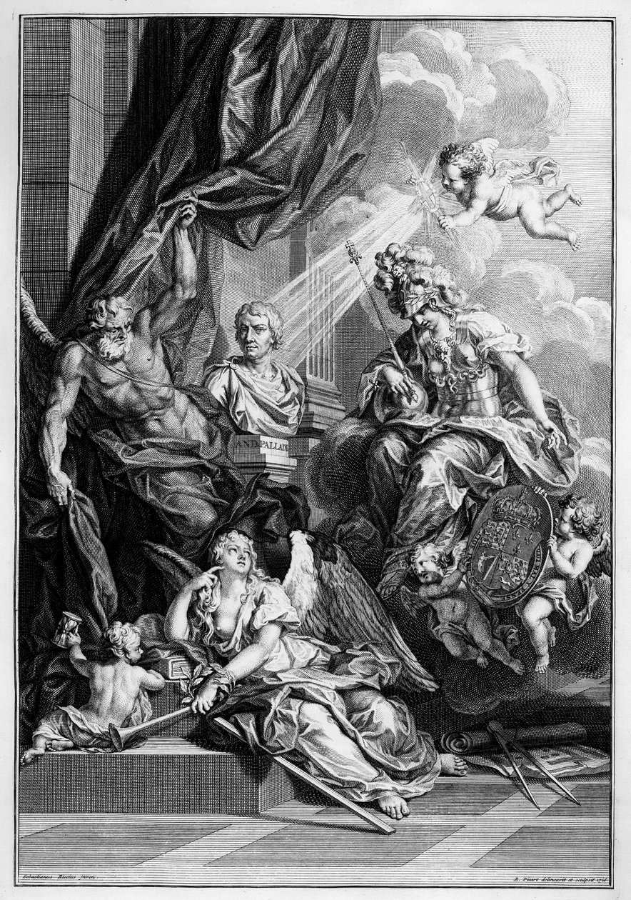 Etukuva teoksessa "A. Palladion arkkitehtuuri neljässä kirjassa", Giacomo Leonin toimittama, Bernard Picartin kaiverrettu, julkaistu 1715. tekijältä Sebastiano Ricci