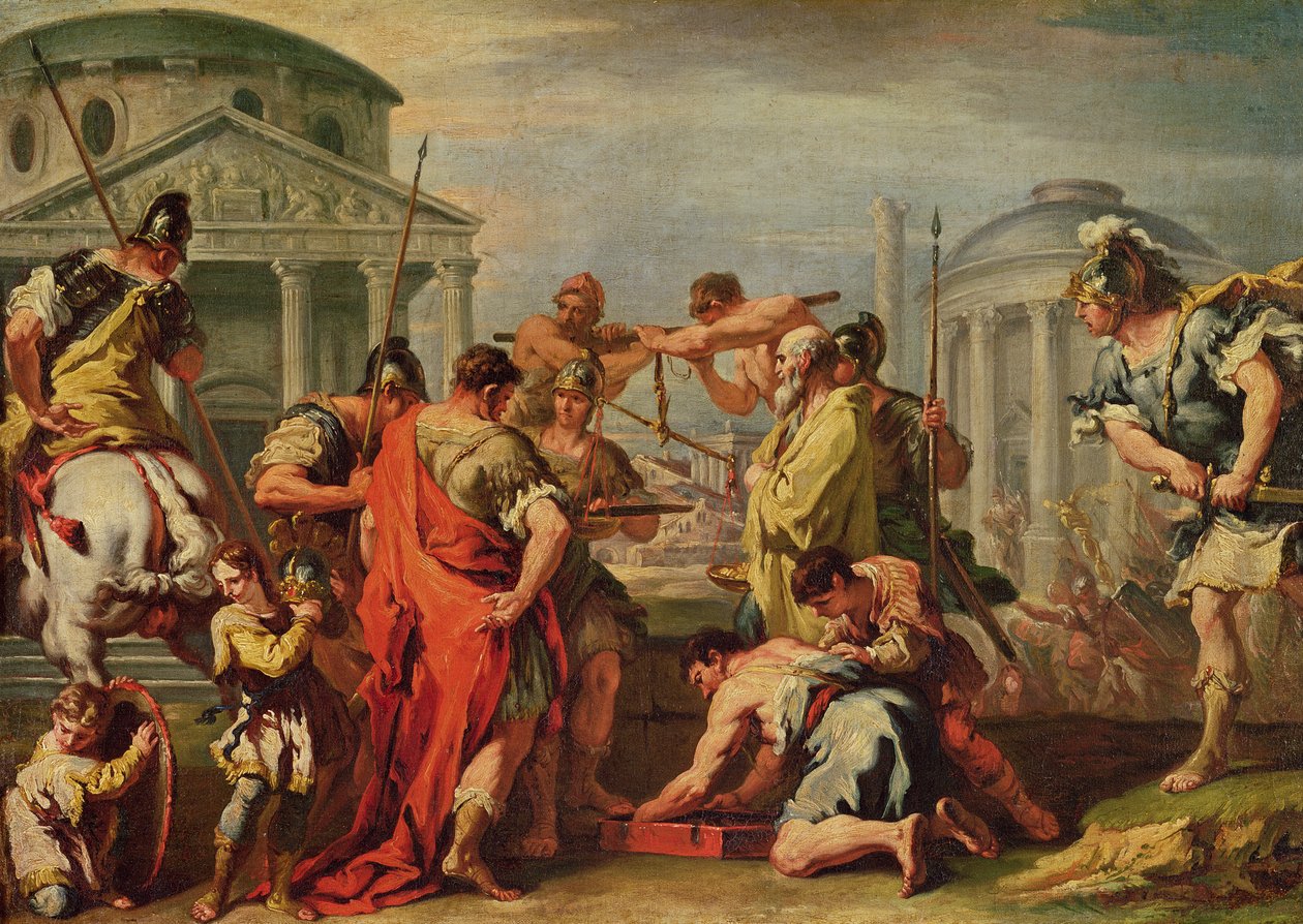 Marcus Furius Camillus (d.c.365 eaa.) ja Brennus (fl.c.389 eaa.) tekijältä Sebastiano Ricci