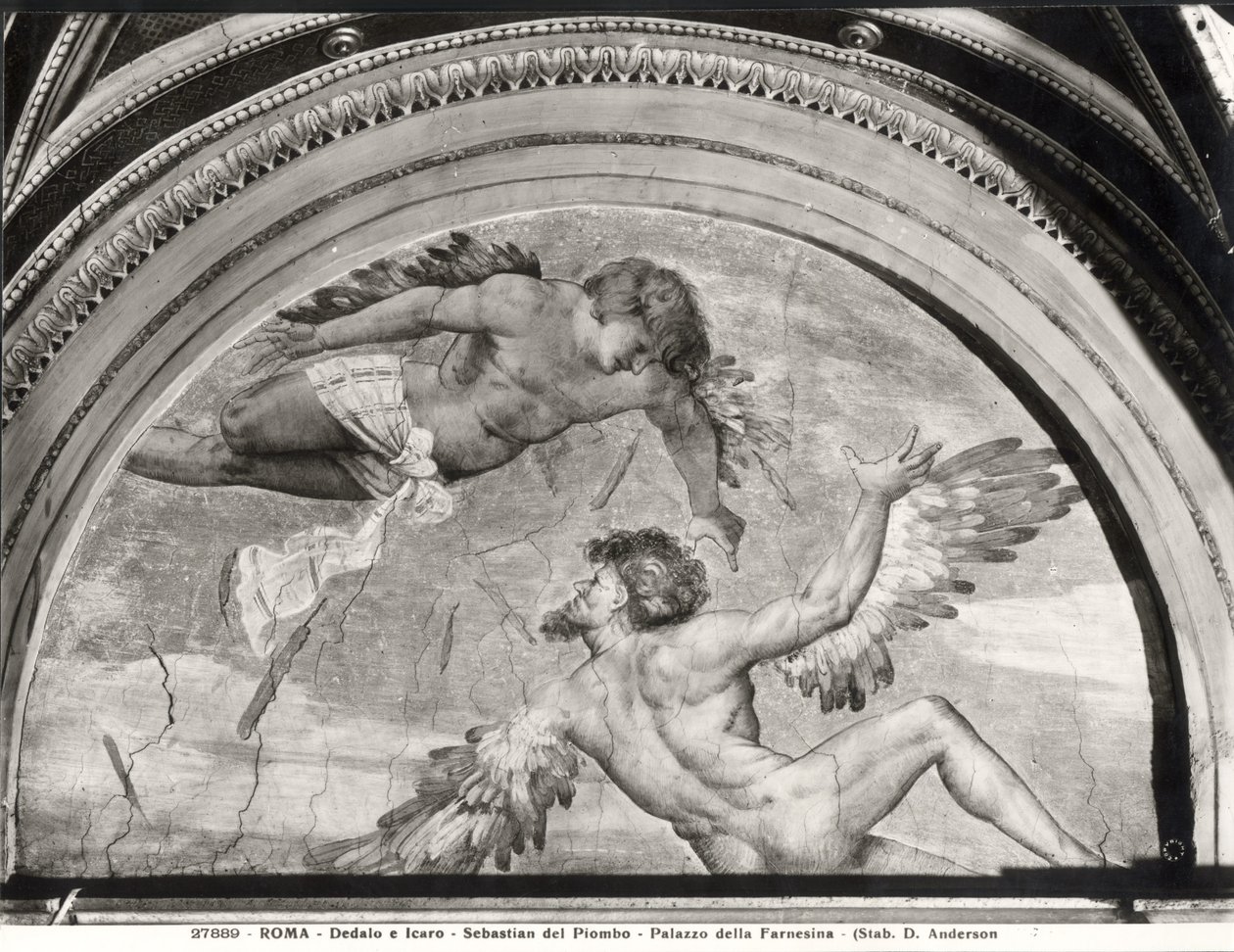 Daedalus ja Icarus, Ovidiuksen Metamorfoosien syklistä, n. 1511 tekijältä Sebastiano del c.1485 1547 Piombo