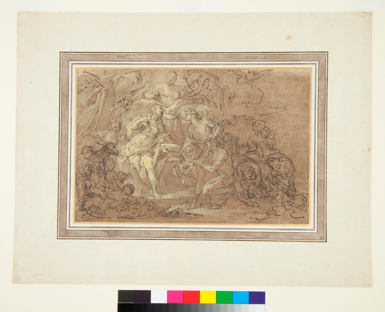 Bacchus ja Ariadne n. 1715 (kynä ja muste mustalla liidulla ruskealla pohjalla) tekijältä Sebastiano Conca