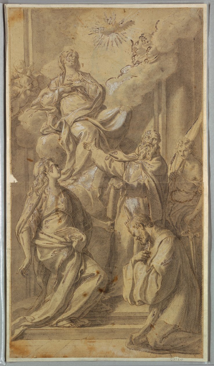 Piirros, Madonna ja pyhimykset, n. 1730. tekijältä Sebastiano Conca