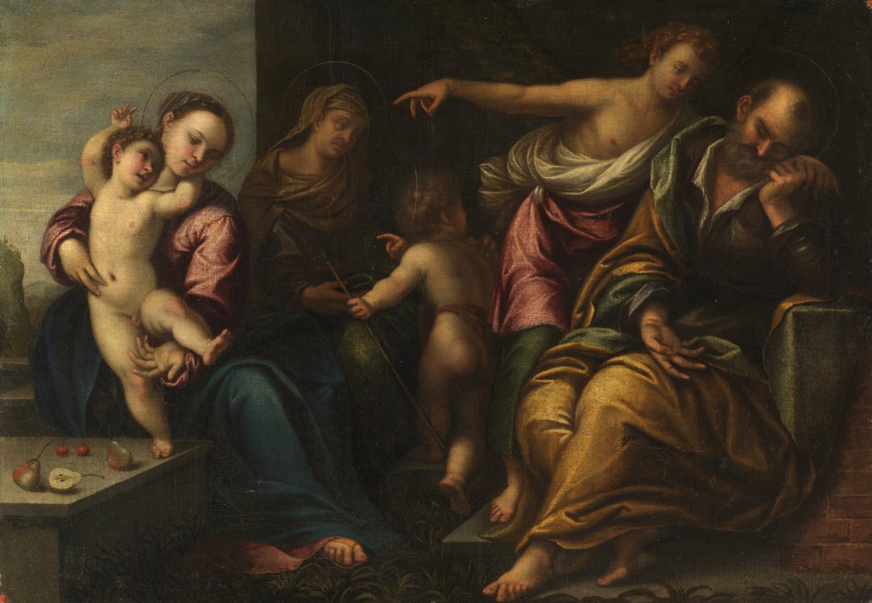 Neitsyt ja lapsi vauvan kanssa Pyhän Johanneksen, Pyhän Elisabetin ja Joosefin ilmestyksen kanssa, n. 1540 tekijältä Sebastiano Florigerio