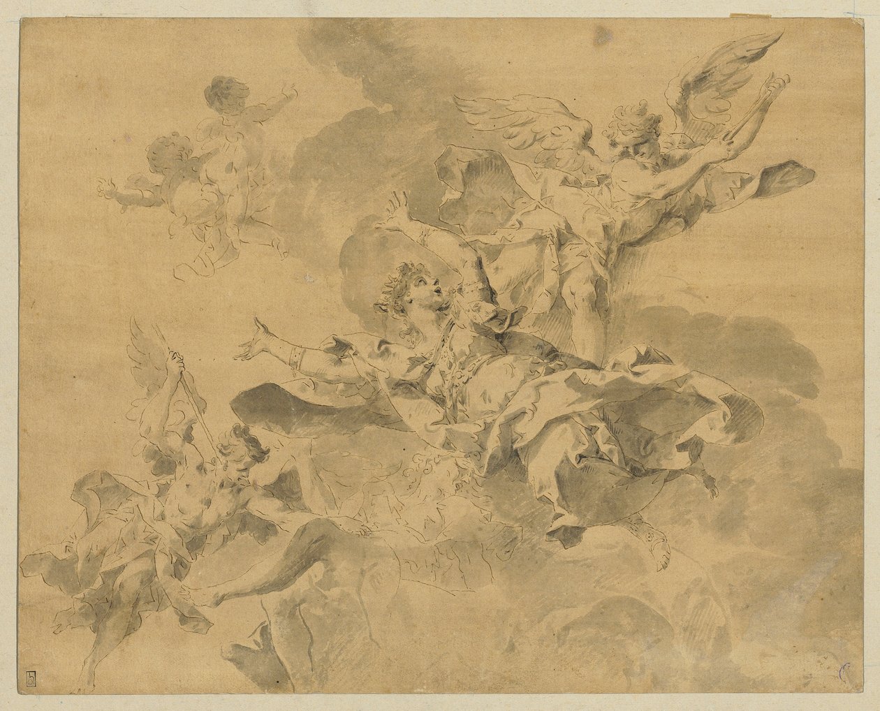 Kuningatar, jonka kostavat enkelit lähettivät helvettiin, n. 1676-1746 (kynä, muste ja pesu paperille) tekijältä Sebastiano Galeotti