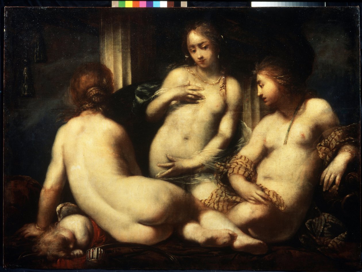 Kolme armoa. (Kolme armoa). Sebastiano Mazzonin (1611-1678) maalaus, noin 1650. Firenzen barokkityylistä taidetta. Öljy kankaalle. Pushkinin taidemuseo, Moskova tekijältä Sebastiano Mazzoni