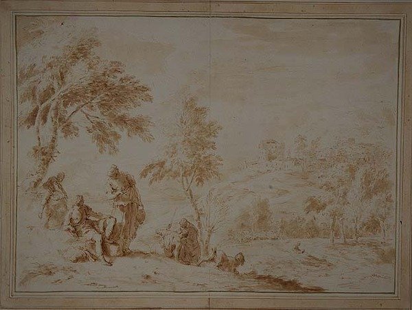 Laaja pastoraalinen maisema Hill-townilla, n. 1720 (ruskea muste ja pesu) tekijältä Sebastiano Ricci