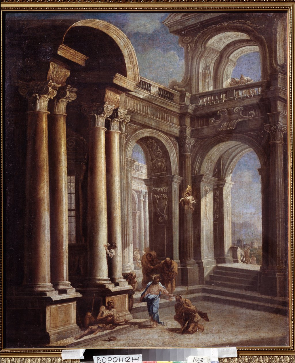 Sokean Bartimeuksen Jerikon parantaminen. Jerikon sokean miehen paraneminen. Sebastiano Riccin (1659-1734) maalaus. Öljy kankaalle. Italian barokkitaide. Ivan Kramskoy (tai Kramskoi) taidemuseo Voronezhissa (Voronezh), Venäjä. tekijältä Sebastiano Ricci