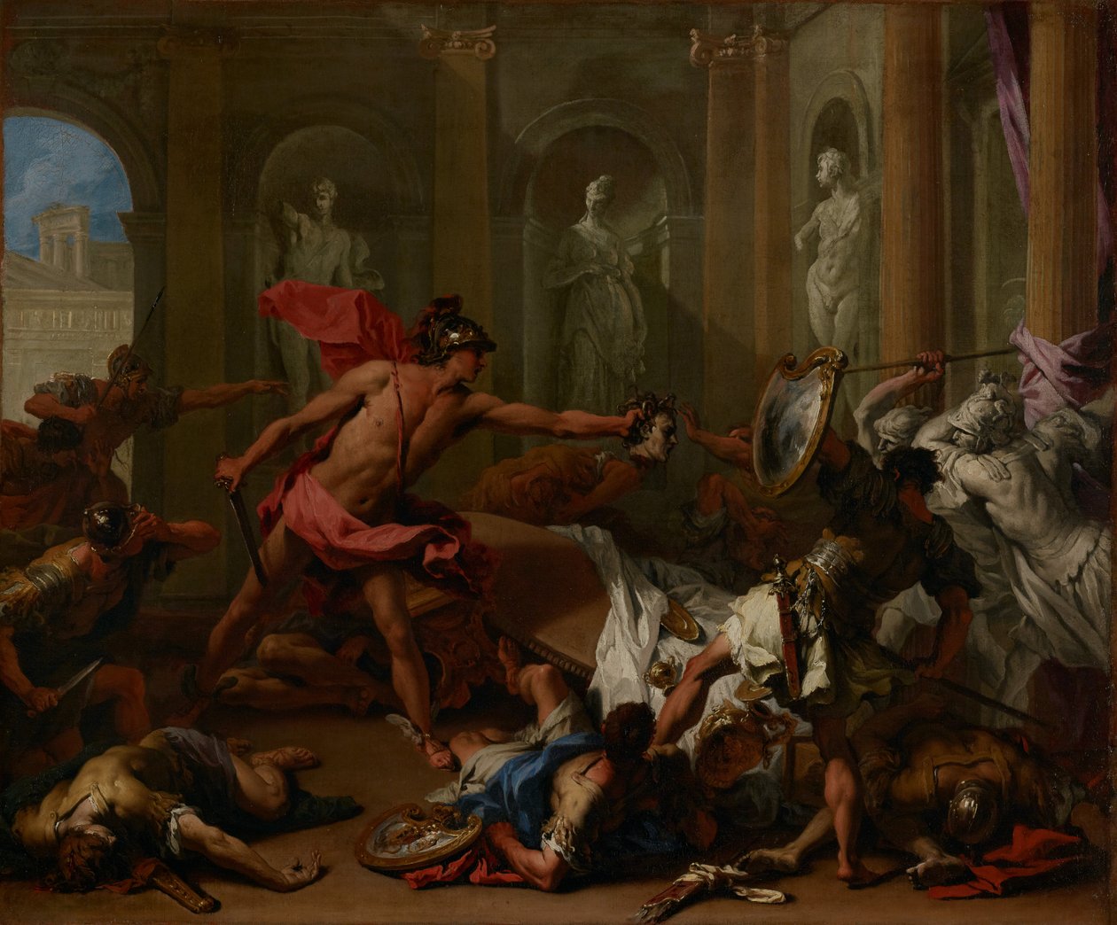 Perseus kohtaa Phineuksen Meduusan pään kanssa tekijältä Sebastiano Ricci