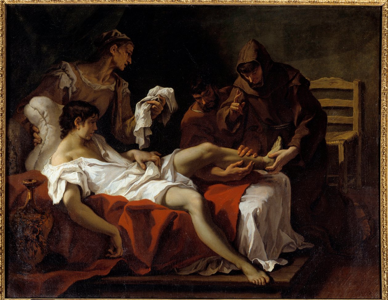 Pyhä Anthony Padova (san antonio di padova) taistelee nuorta miestä, joka oli ampunut jalkansa rangaistakseen itseään äitinsä lyömisestä. Sebastiano Riccin (1659-1734) maalaus tekijältä Sebastiano Ricci