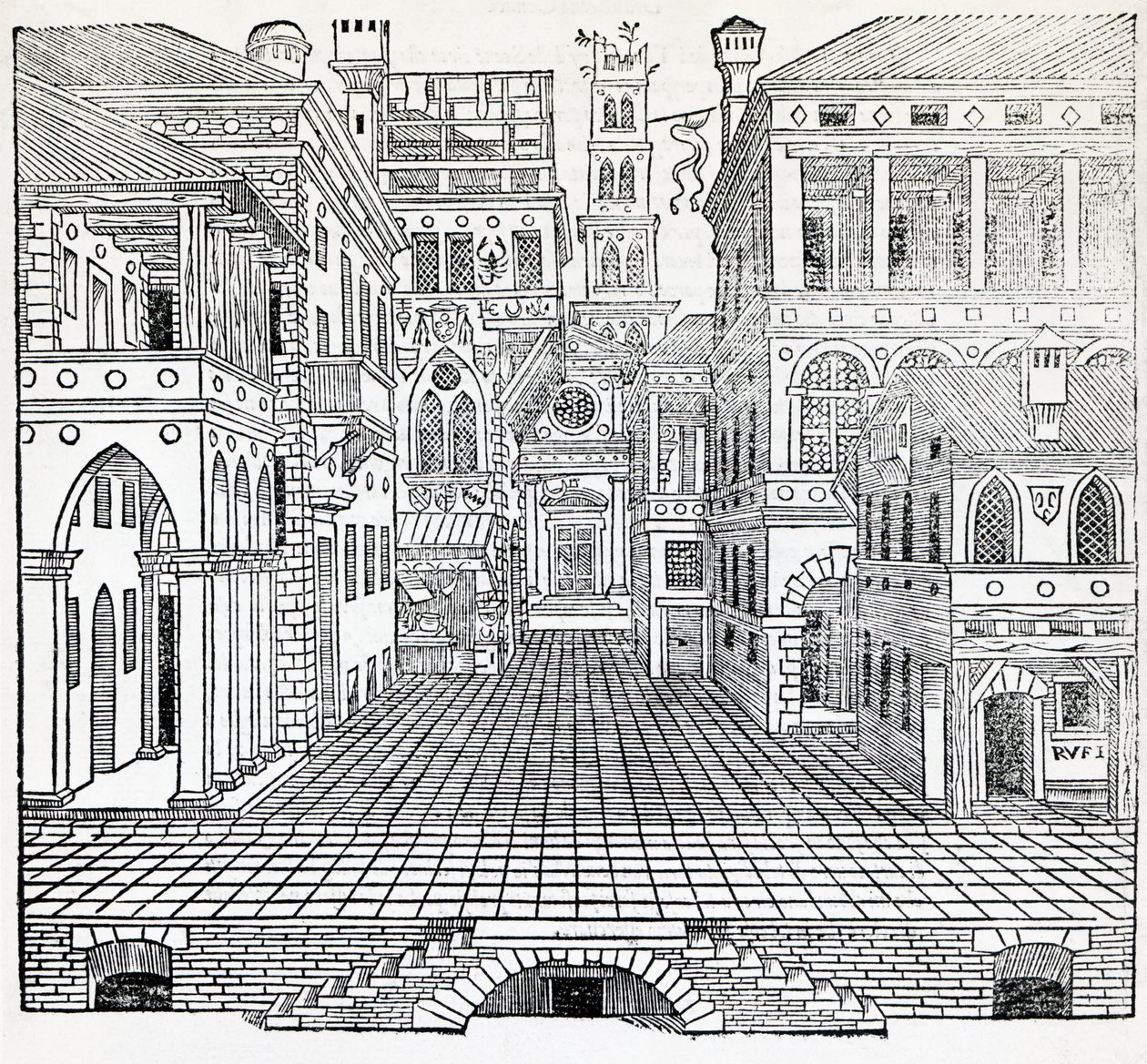 Taikakohtaus, teatterikohtaussuunnittelu Sebastiano Serlion (1475-1554), kuvitus Arkkitehtuuria käsittelevästä traktaatista, Kirja II tekijältä Sebastiano Serlio