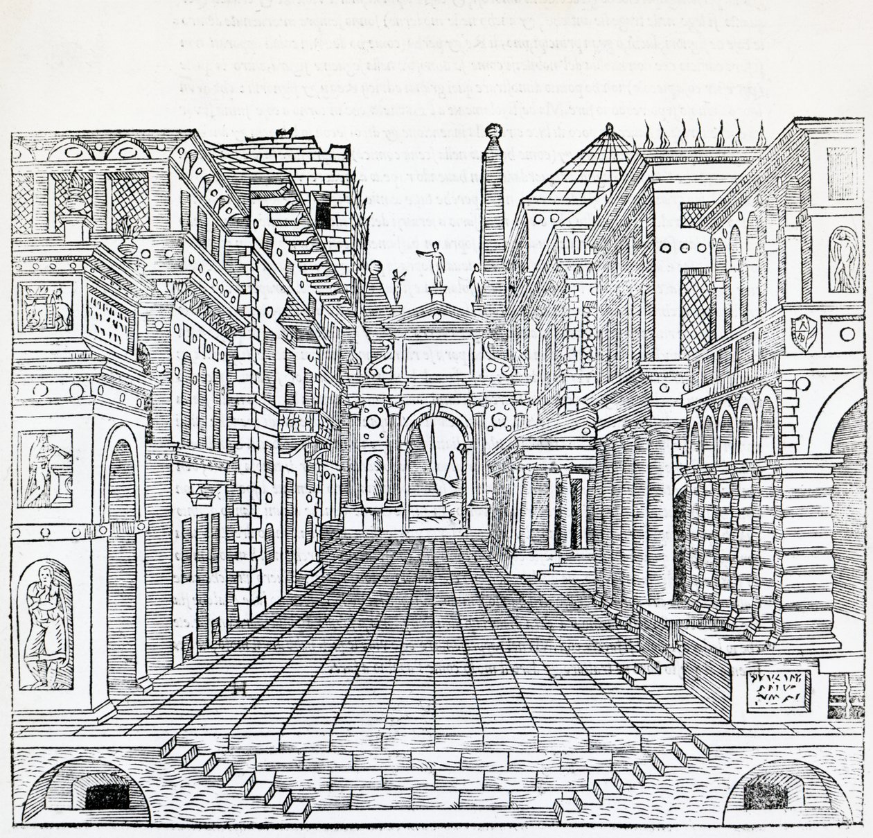 Taikakohtaus, teatterikohtaussuunnittelu Sebastiano Serlion (1475-1554), kuvitus Arkkitehtuuria käsittelevästä traktaatista, kirja II tekijältä Sebastiano Serlio