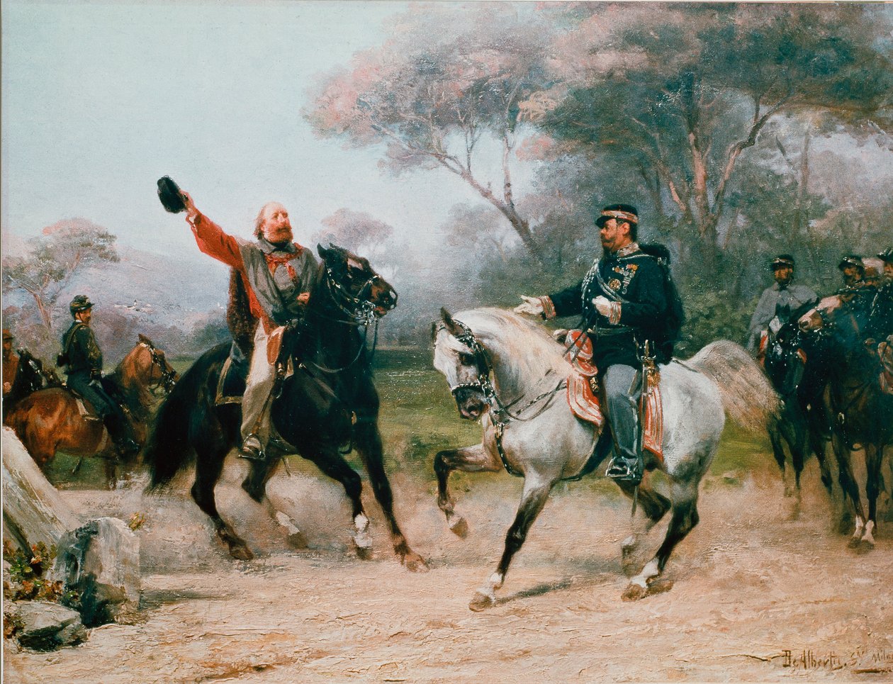 Giuseppe Garibaldi (1807-1882) tapaa Vittorio Emanuele II (Victor Emmanuel) (Victor-Emmanuel) Savojasta Teanoon 26.10.1860 Sebastiano De Albertisin (1828-1897) maalaus 1800-luvulla Milano, Museo del Risorgiment tekijältä Sebastiano de Albertis
