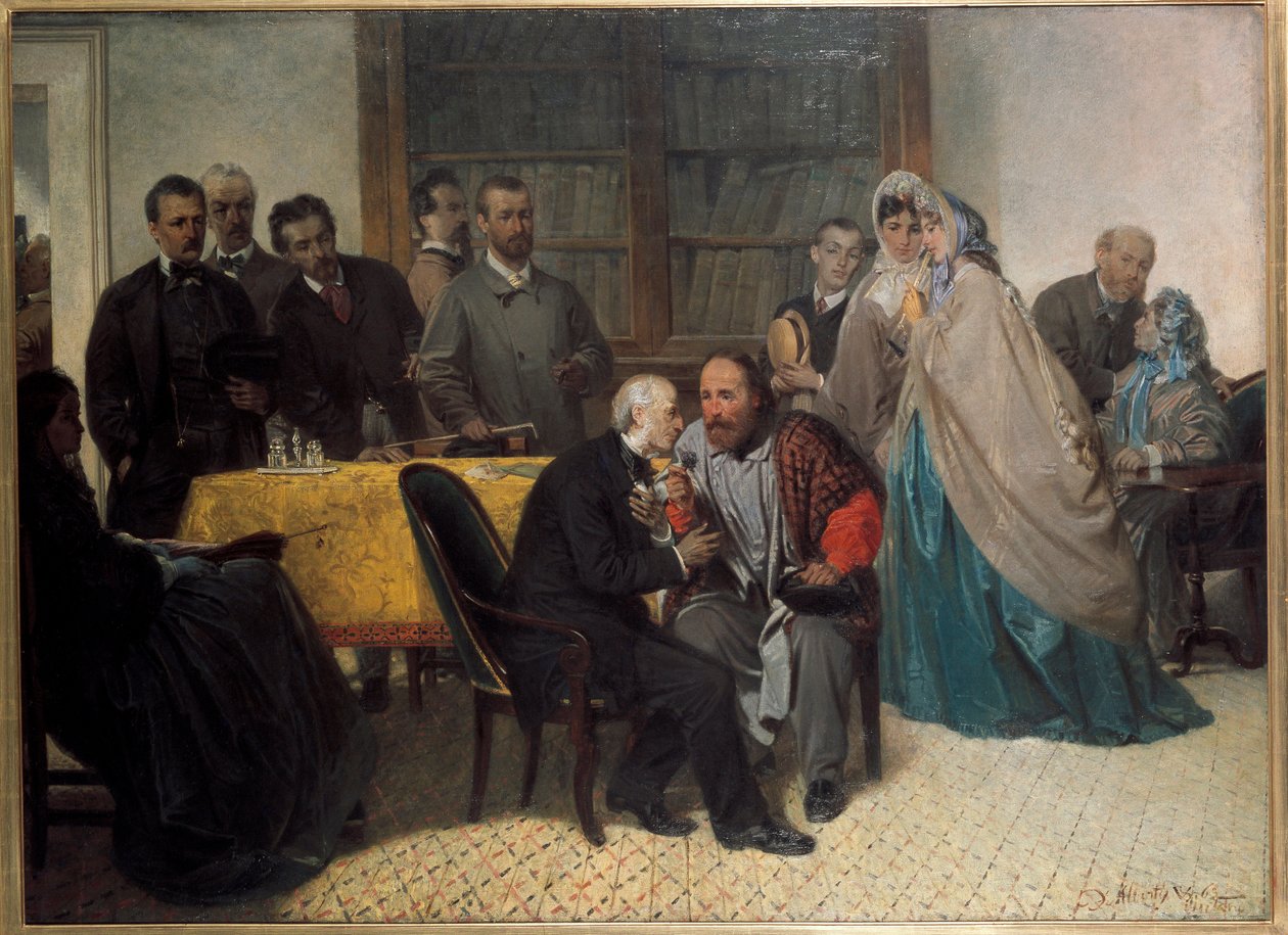 Italialainen patriootti Giuseppe Garibaldi tapaa italialaisen kirjailijan Alessandro Manzonin (öljy kankaalle tekijältä Sebastiano de Albertis