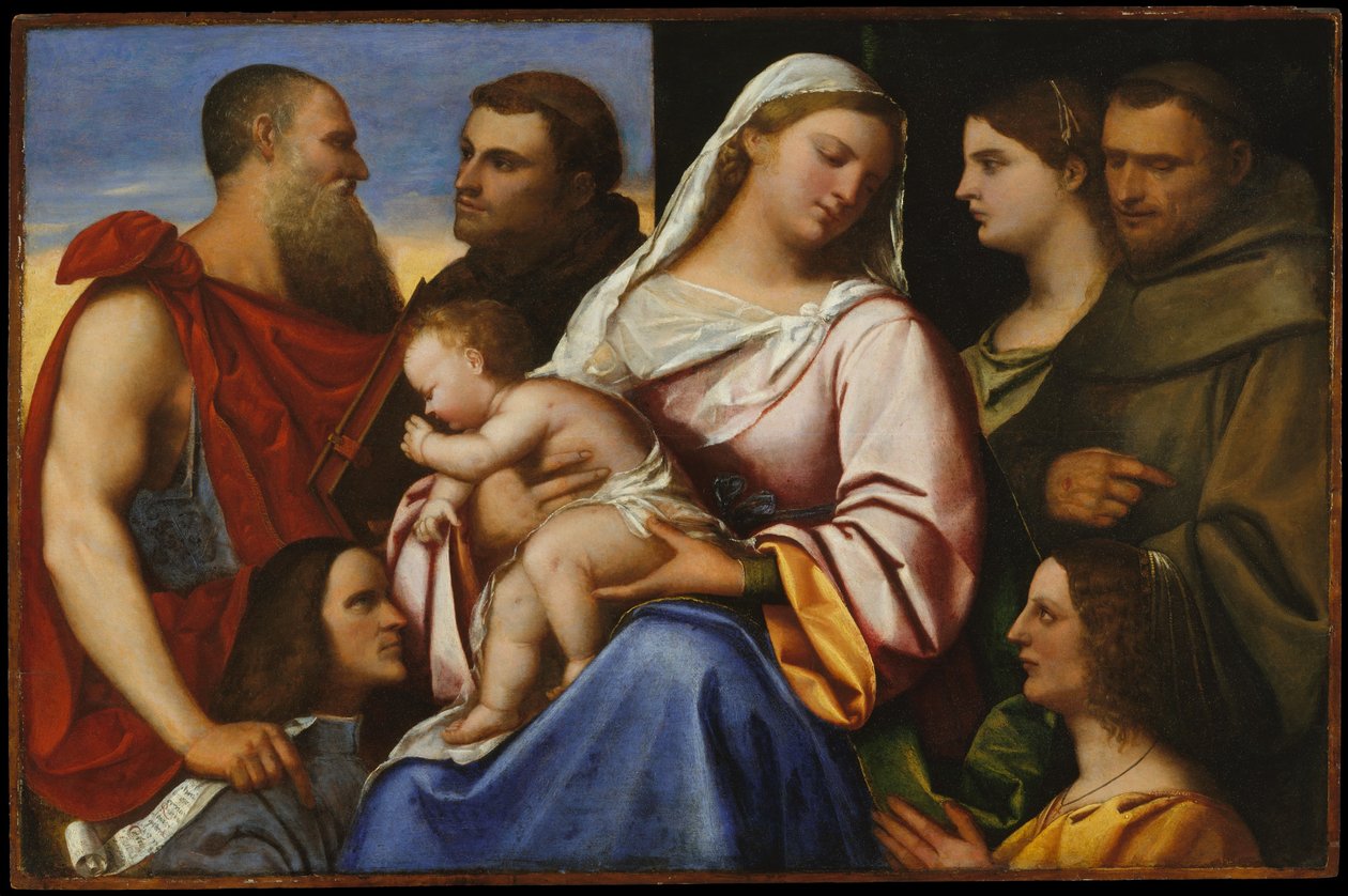 Madonna ja lapsi pyhimysten ja lahjoittajien kanssa, noin 1485-1547 (öljy puulle). tekijältä Sebastiano del (c.1485 1547) (attr. to) Piombo