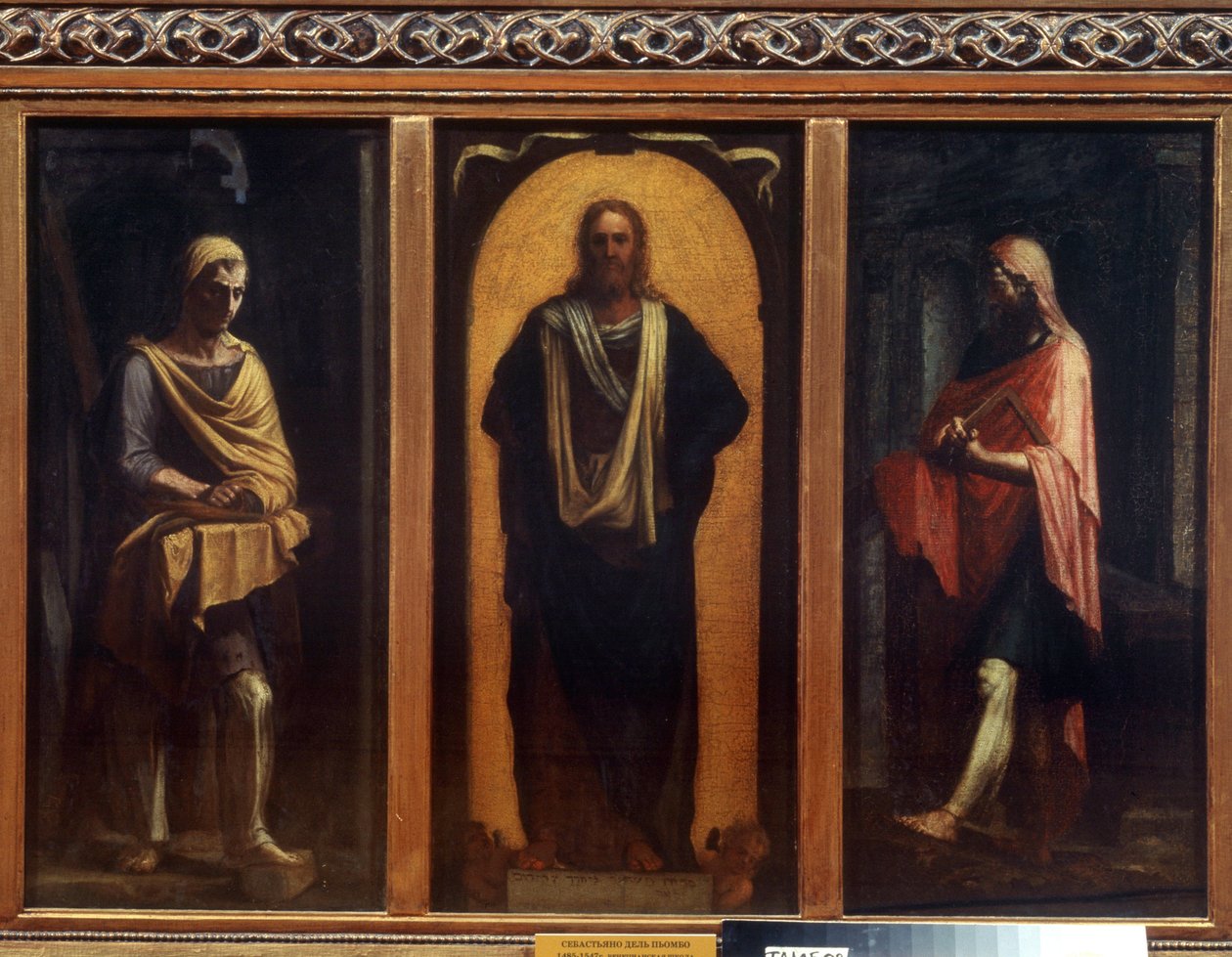 Kristus kahden pyhän kanssa. Sebastiano del Piombon (1485-1547) maalaus. Öljy kankaalle. Venetsialainen taide, renessanssi. Alueellinen taidegalleria, Tambov tekijältä Sebastiano del (c.1485 1547) Piombo