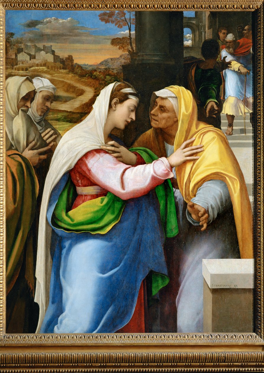 La visitation - vierailu, Neitsyt Maria vierailee Pyhän Elisabethin luona ... tekijältä Sebastiano del (c.1485 1547) Piombo