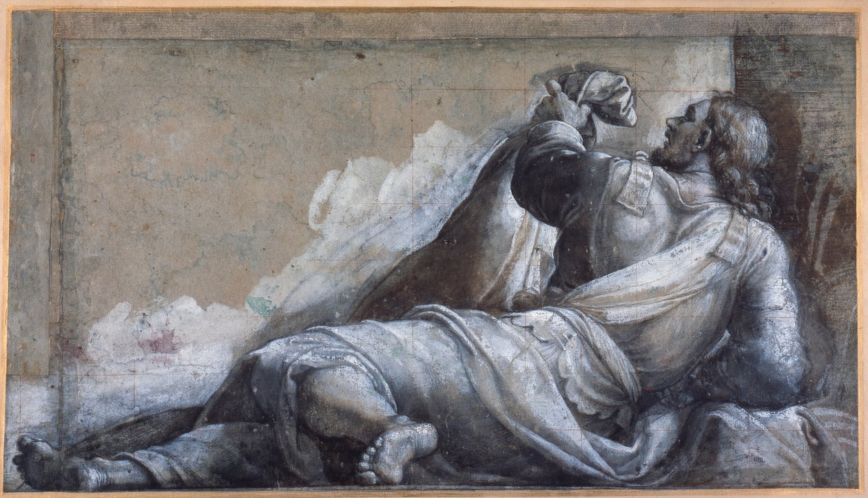 Makaava apostoli (musta liitu, ruskea pesu carta azzurrassa) tekijältä Sebastiano del (c.1485 1547) Piombo