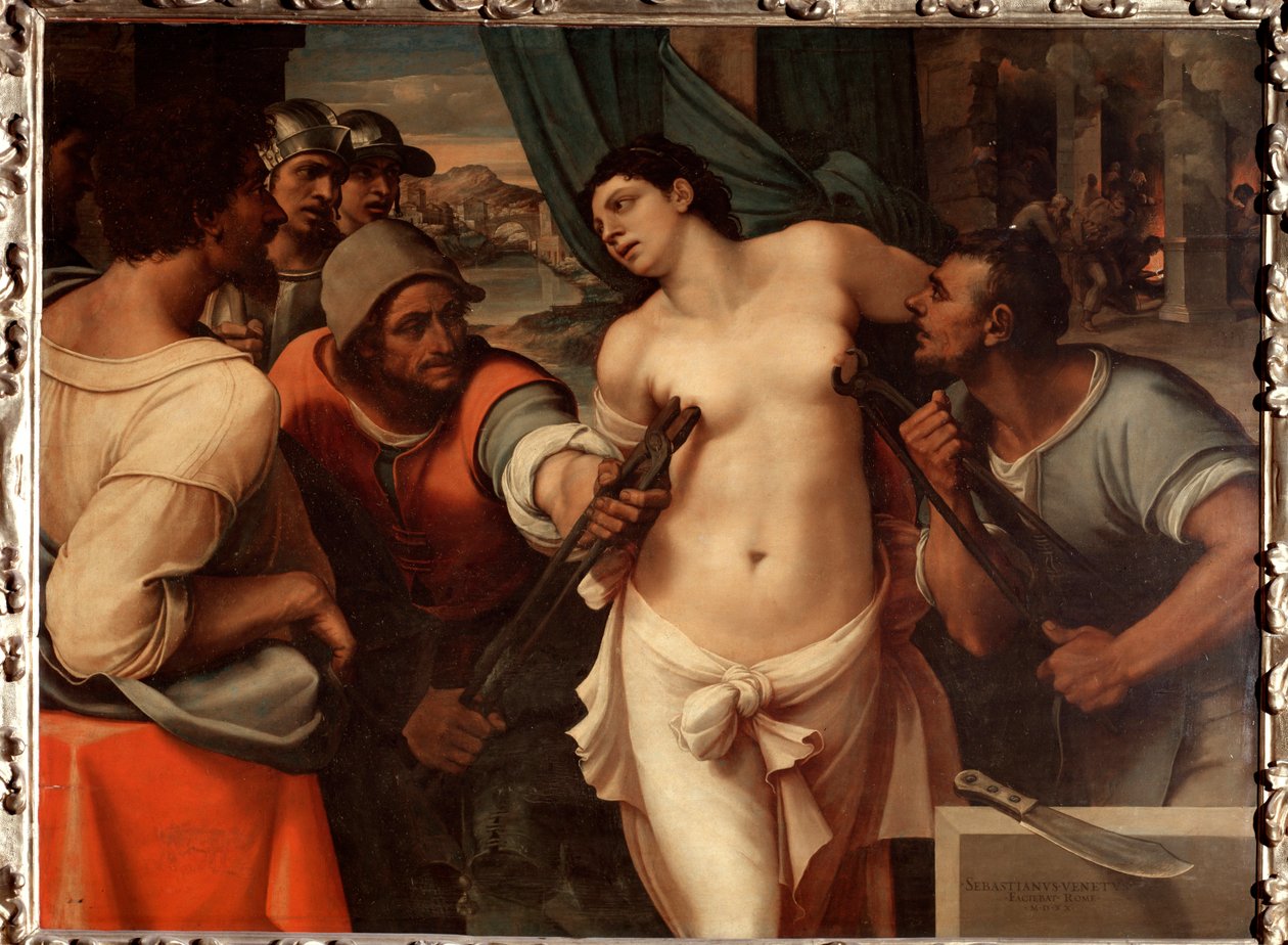 Pyhän Agathan Sisilian marttyyrikuolema - öljy puulle tekijältä Sebastiano del (c.1485 1547) Piombo