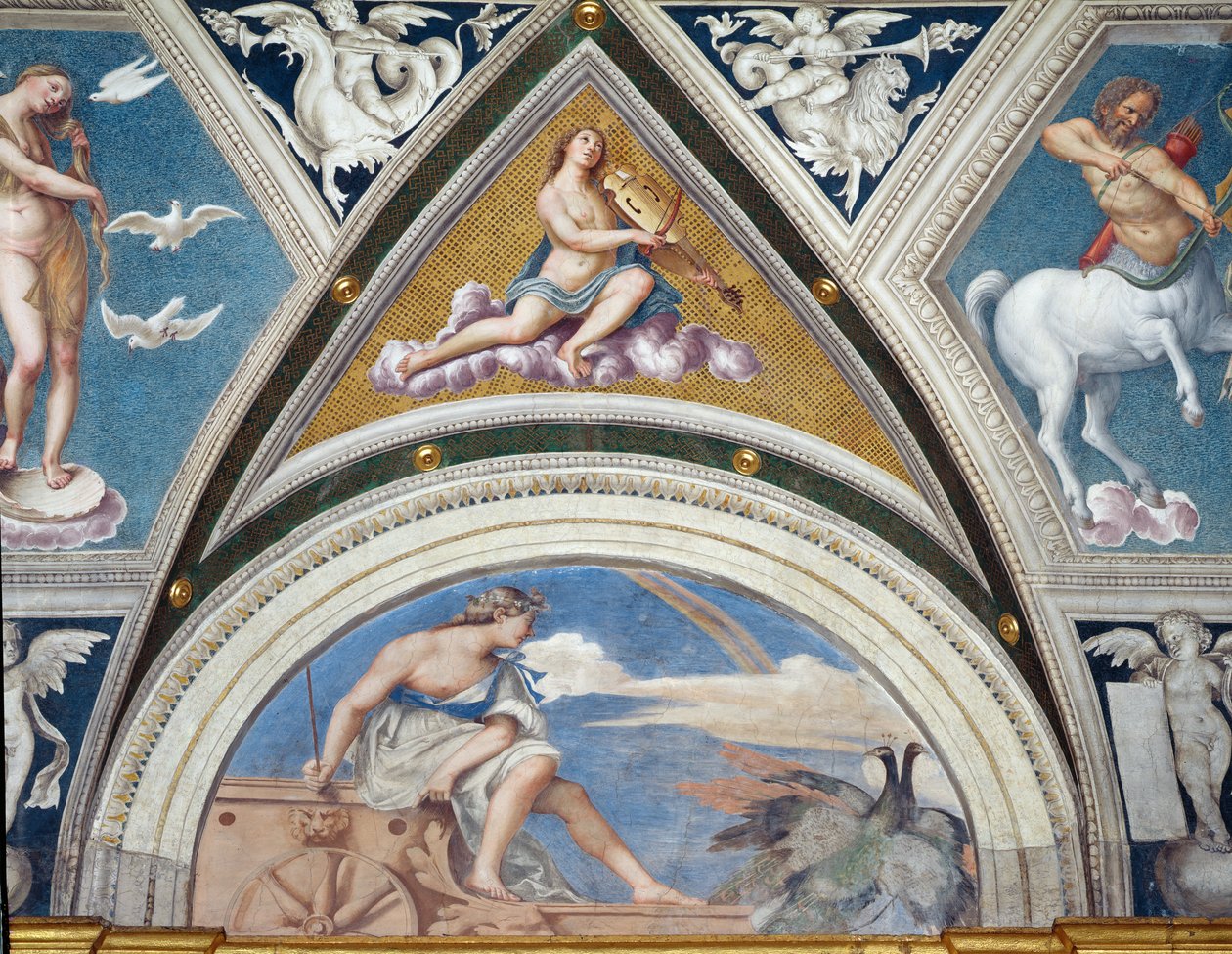 Galatean loggia Galatean loggia yksityiskohta holvikoristelua, jossa Juno vaunuillaan ja viulisti, fresko vuodelta 1506. tekijältä Sebastiano del Piombo