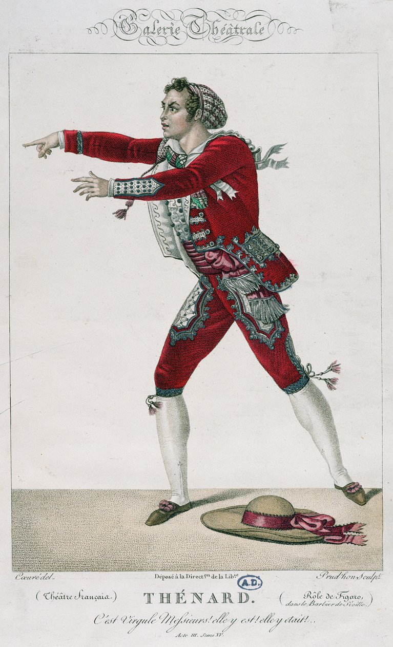 Näyttelijä Thenard Figaron roolissa Pierre Augustin Caron de Beaumarchaisin (1732-99) "Sevillan parturi" -elokuvassa tekijältä Sebastien Coeure