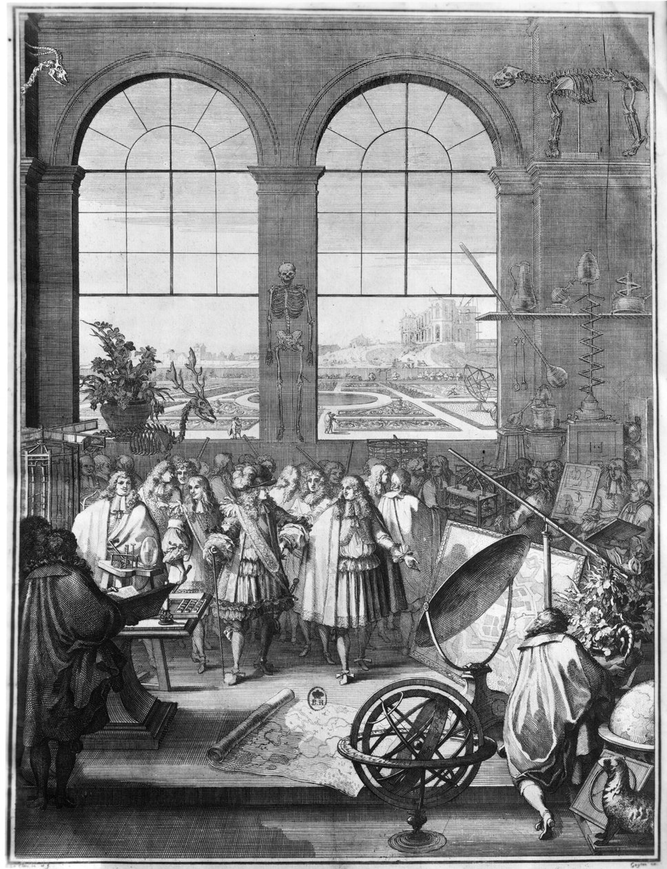 Ludvig XIV (1638-1715) ja hänen seurueensa vierailemassa Kuninkaallisessa tiedeakatemiassa vuoden 1665 jälkeen tekijältä Sebastien I Le Clerc
