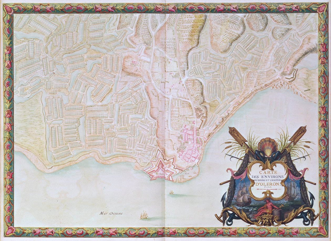 Ms. 988 T. III fol. 42 Kartta Oléronin kaupungin ja linnan ympäristöstä, Ludvig XIV:n atlas (kynä, muste ja guassi paperilla) tekijältä Sebastien Le Prestre de Vauban