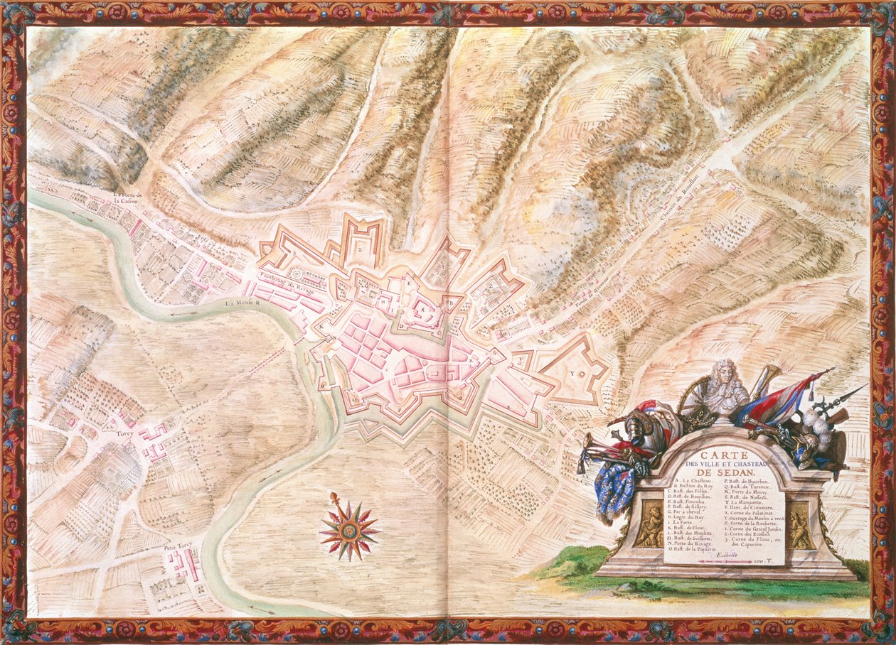 Ms. 988, Vol.3 fol.16 Plan ja kartta Sedanin kaupungista ja linnasta, Atlas Louis XIV, 1683-88 tekijältä Sebastien Le Prestre de Vauban