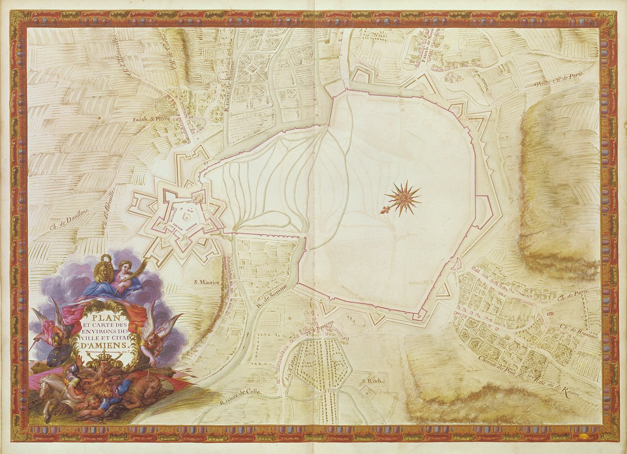 Ms. 988, Vol.3 fol.7 Kaava ja kartta Amiensin kaupungista, linnoituksesta ja ympäristöstä, Atlas Louis XIV, 1683-88 tekijältä Sebastien Le Prestre de Vauban