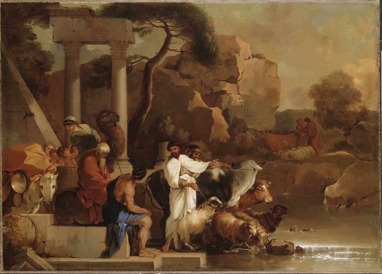 Le depart de Jacob - Jacobin lähtö, kirjoittanut Bourdon, Sebastien (1616-1671). Öljy kankaalle. Mitat: 99 x 138 cm. Tukholman kansallismuseo tekijältä Sébastien Bourdon