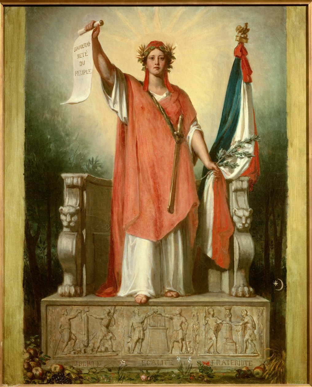 Tasavalta. Tasavallan henkilöitymä (Marianne) kantaa pergamenttia, johon on kirjoitettu "kansan suvereniteetti" ja kolmivärilippua. Sebastien Cornun (1804-1870) maalaus tekijältä Sebastien Melchior Cornu