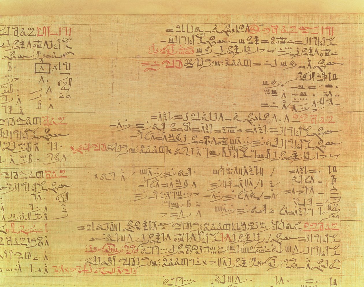 Yksityiskohta Rhindin matemaattisesta papyruksesta, Hyksos-kausi, 15. dynastia, noin 1550 eKr. papyrus katso myös 9712. tekijältä Second Intermediate Period Egyptian