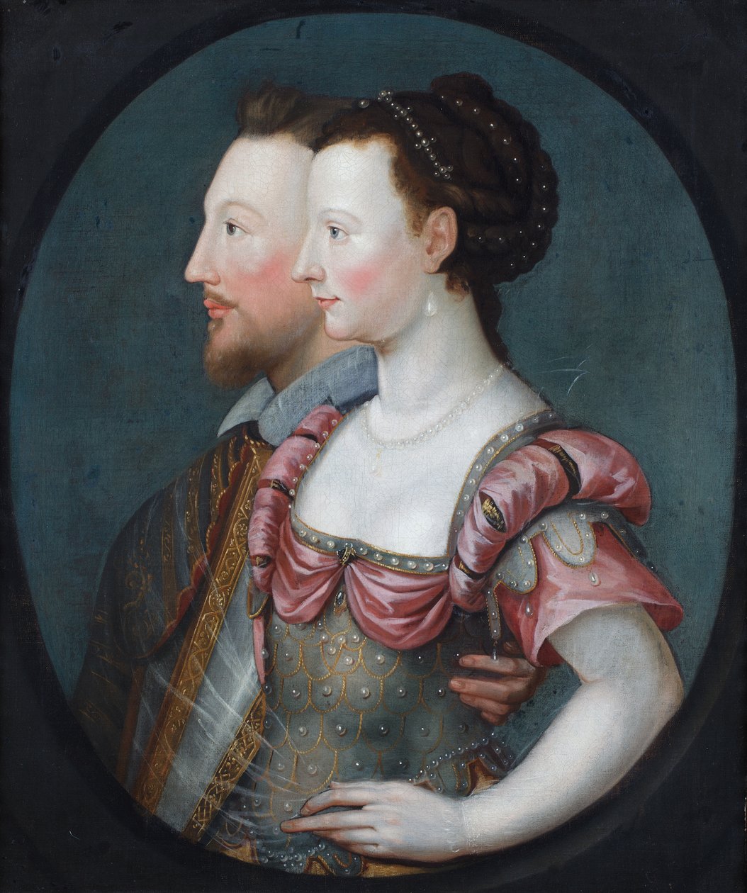 Profiilimuotokuva naisesta ja herrasmiehestä, joiden sanotaan olevan Philip Sydney ja hänen sisarensa Lady Pembroke (öljy kankaalle). tekijältä Second School of Fontainebleau