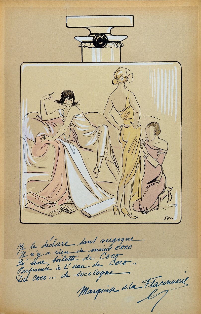 Karikatyyri Coco Chanelista (1883-1971) Chanel No.5 -pullossa, Le Nouvel Monde -lehdestä, 1923. tekijältä Sem